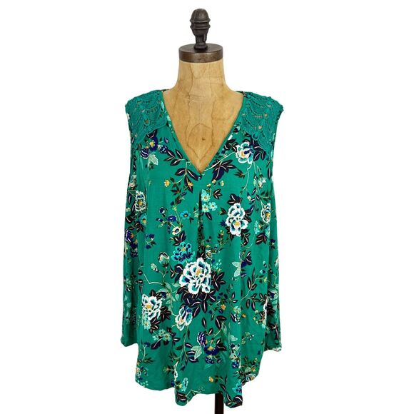 DANIEL RAINN Floral Tunic Plus Sz 1X V-Neck Tank Knit/Lace Stretch Green Top B44 - Picture 2 of 6